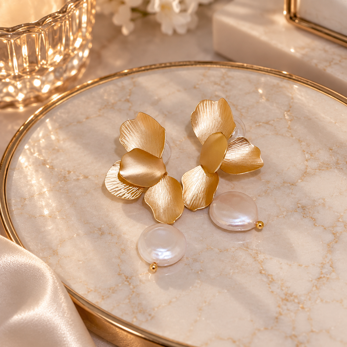 Gilded Petal Pearl Earrings