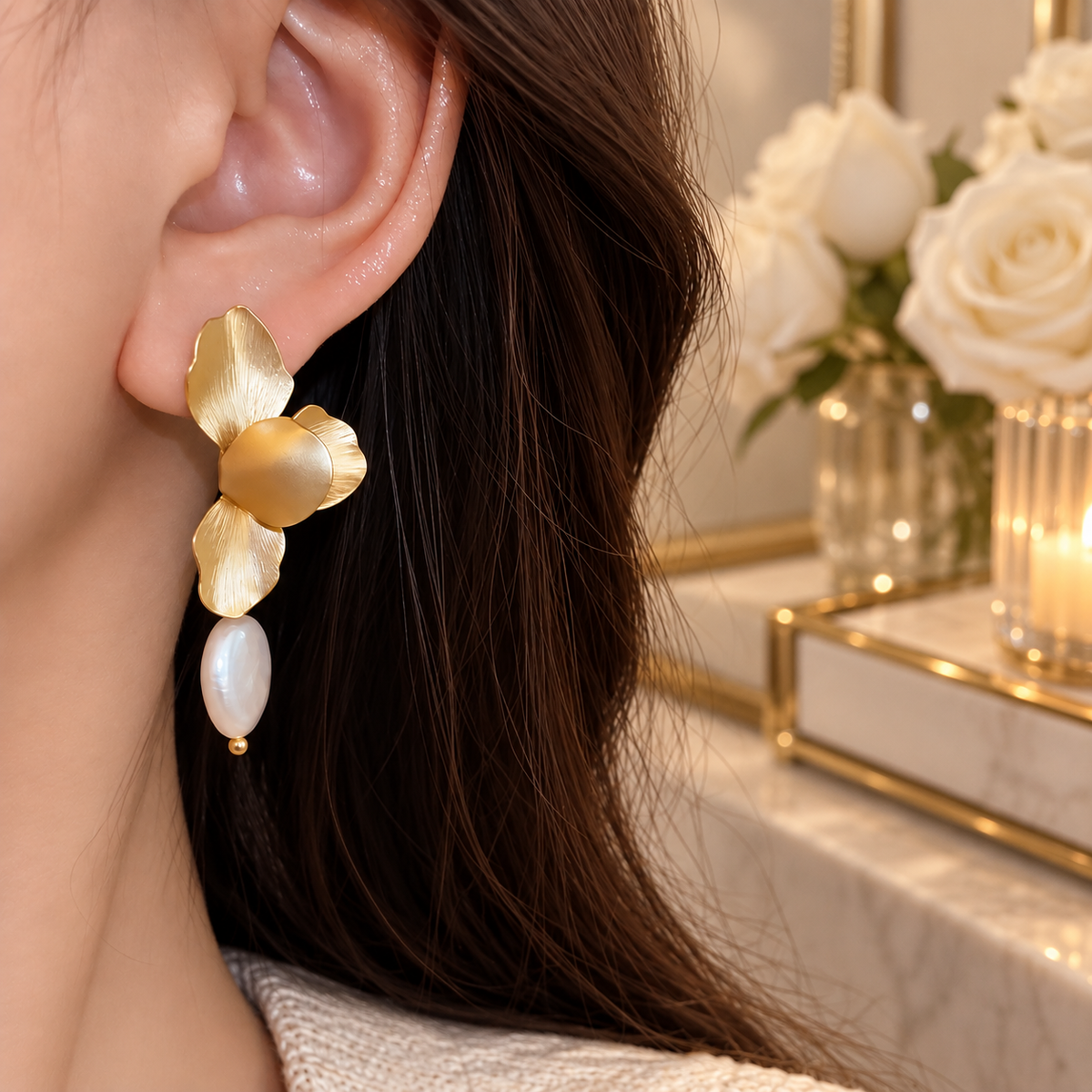 Gilded Petal Pearl Earrings